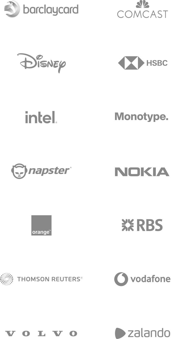 Logos of client companies: Barclaycard, Comcast, Disney, HSBC, Intel, Monotype, Napster, Nokia, Orange, RBS, Thomson Reuters, Vodafone, Volvo, and Zalando.