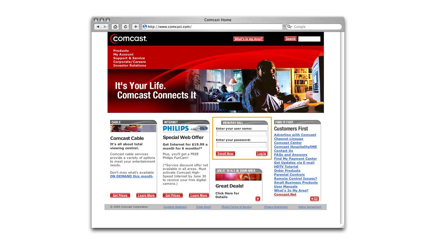 Screenshot of the Comcast consumer web site