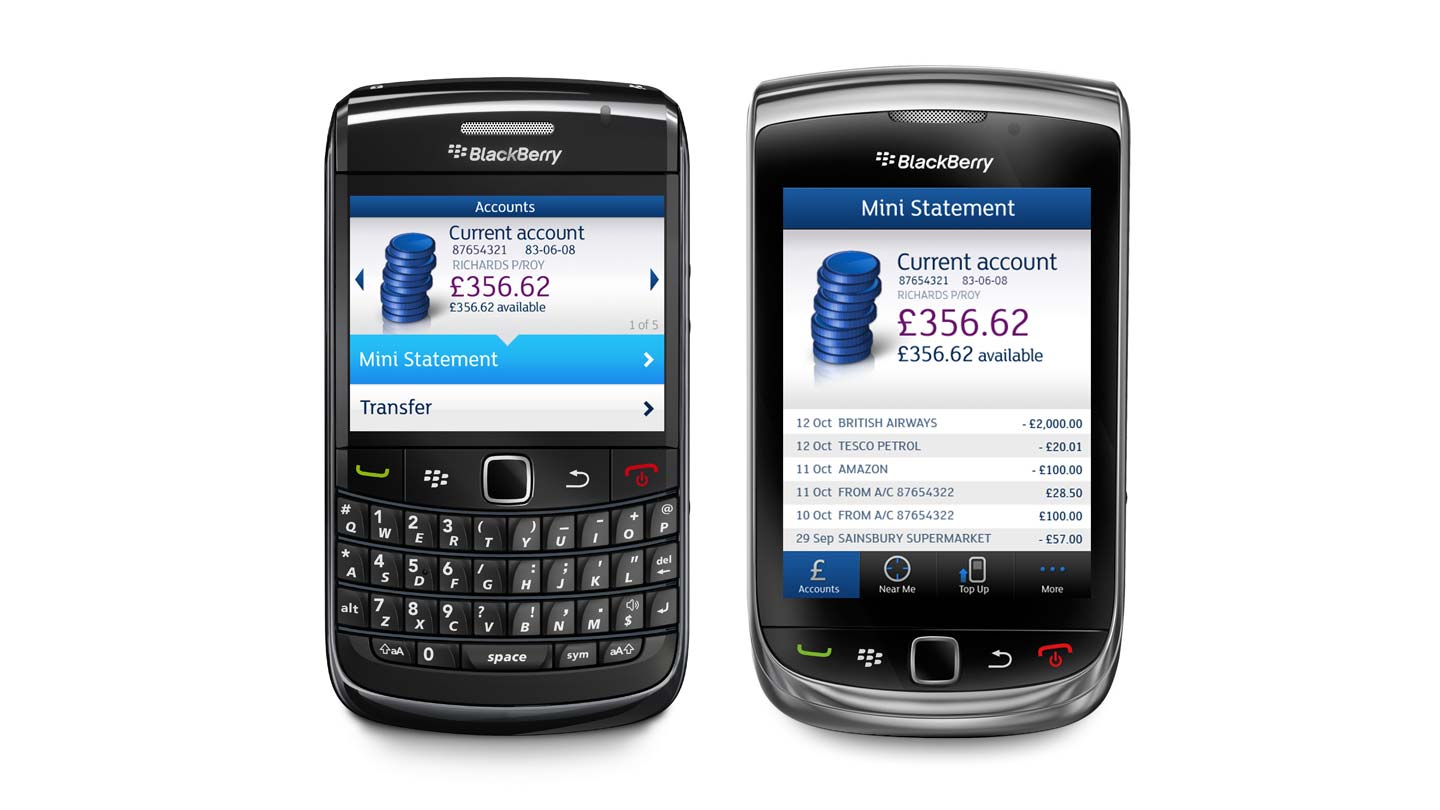 Two screenshots of the NatWest mobile banking app on BlackBerry devices