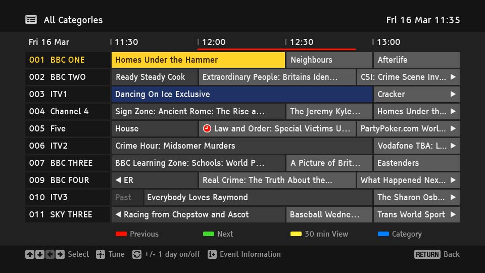 Screenshot of the Electronic Programme Guide for Sony OLED TV