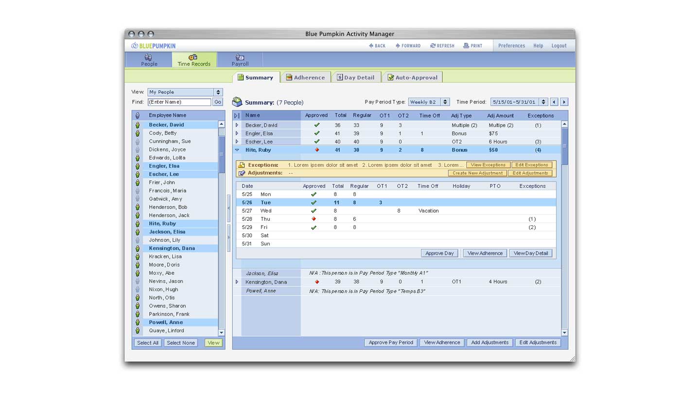 Screenshot of the Blue Pumpkin Activity Manager web app