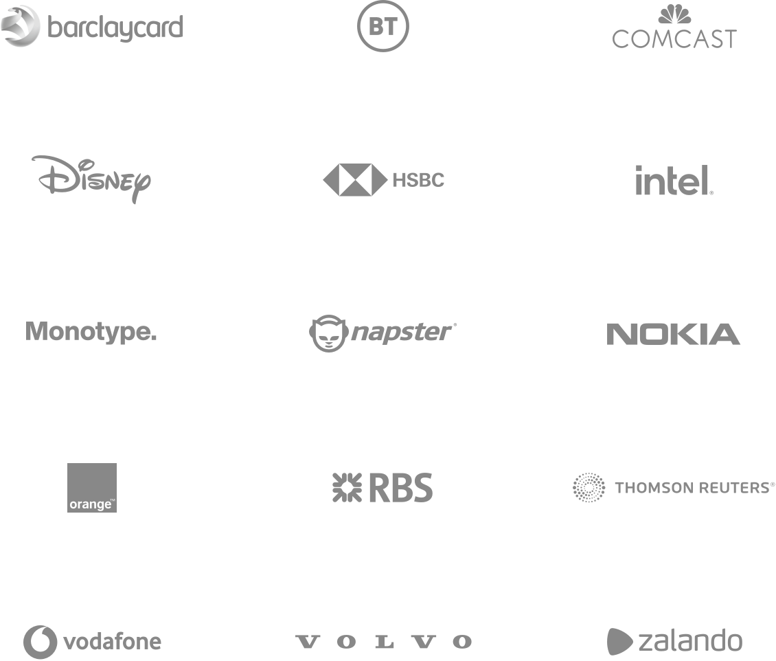 Logos of client companies: Barclaycard, BT, Comcast, Disney, HSBC, Intel, Monotype, Napster, Nokia, Orange, RBS, Thomson Reuters, Vodafone, Volvo, and Zalando.