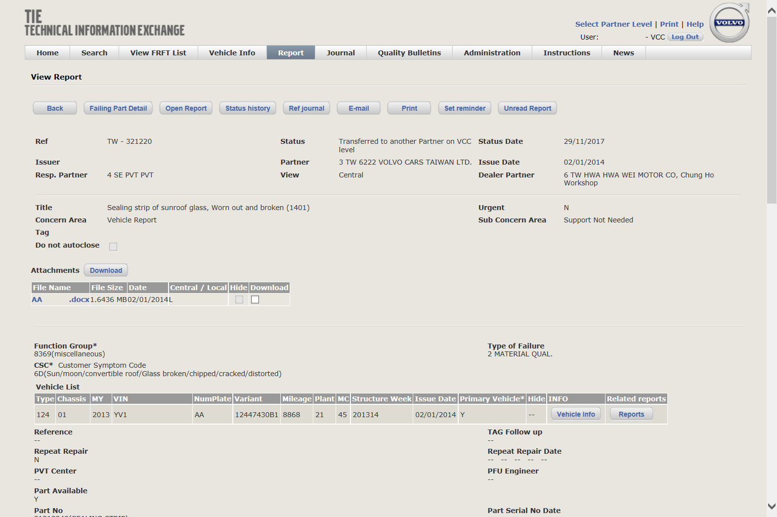 Screenshot of the original Volvo TIE application, before redesign