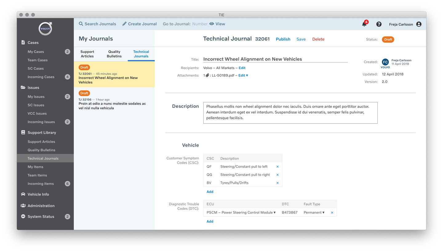 Screen for editing a draft Technical Journal