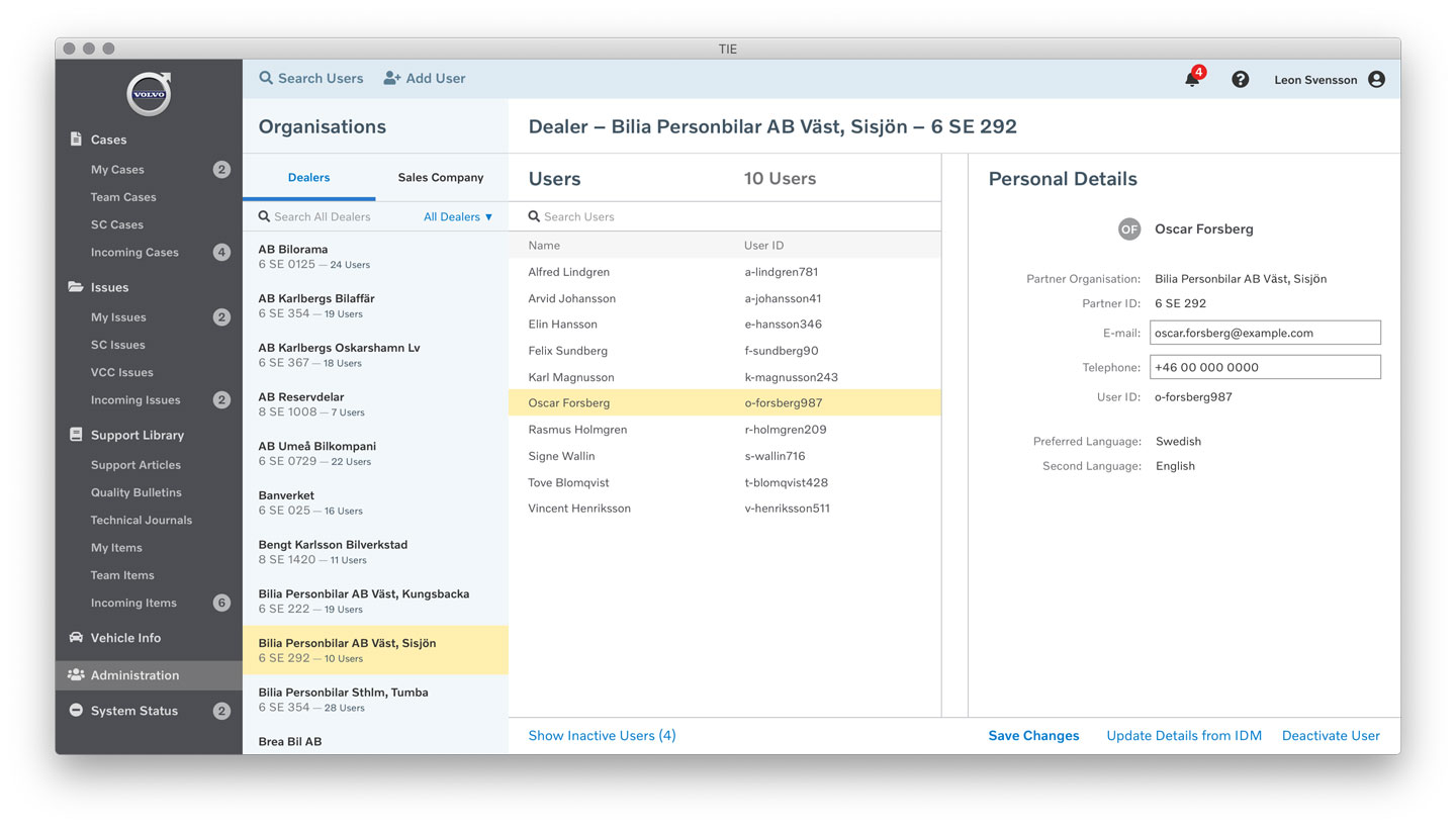 Screen for managing users in organisations