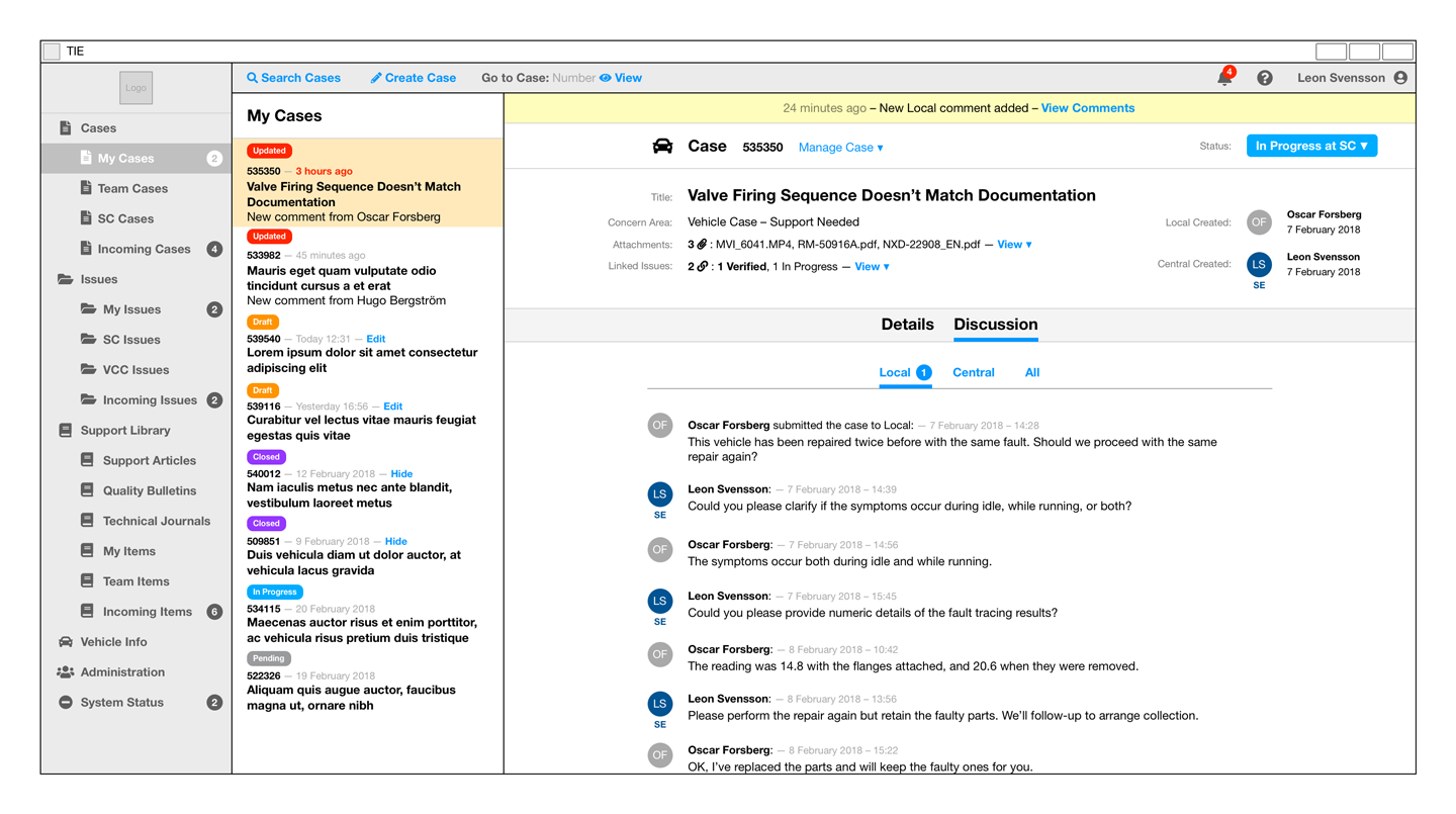 Wireframe of a Vehicle Case discussion within the main screen context